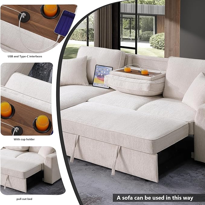 INSTORY Sectional Sleeper Sofa with Pull-Out Bed Drop-Down Table USB &ampType-C Port Cup Holders Beige