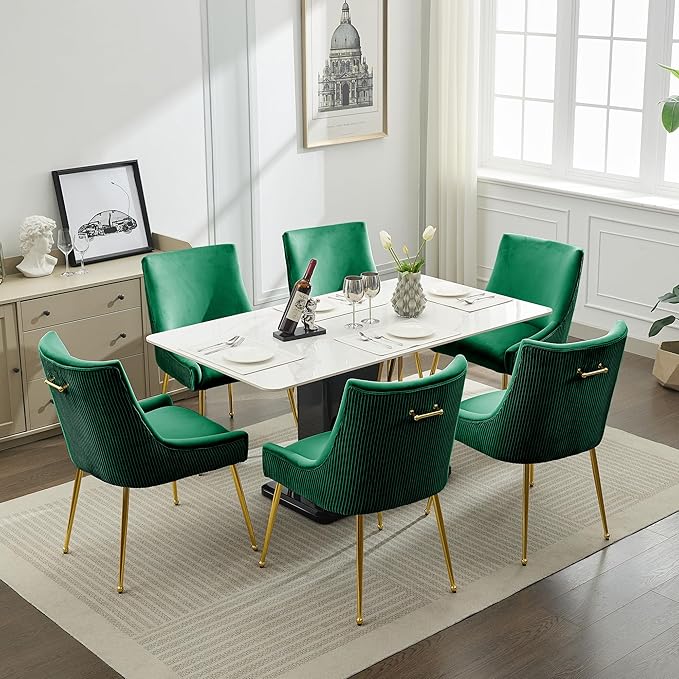 Velvet Dining Chairs Set of 6 Gold LegsUpholstered Velvet Accent Chairs Pleated Back Design &amp Gold Pull Handle Mid Century Modern Chairs for Dining/Kitchen/Living RoomGreen