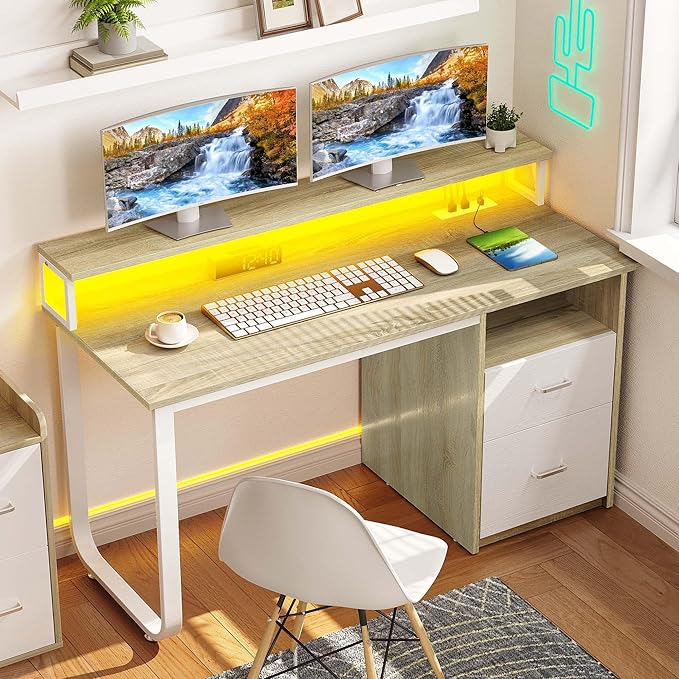 YITAHOME Computer Desk with Drawers 47.2 Office Desk with Power Outlets &amp LED Light Home Office Desk with Storage Shelves White &amp Oak
