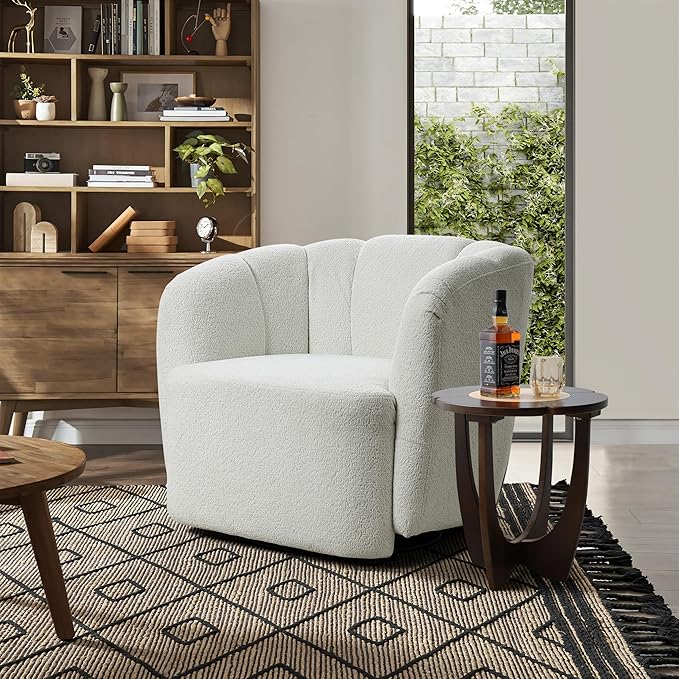 LuxenHome Swivel Barrel Accent Chair Modern Comfy Upholstered Ivory Boucle Accent Chair for Living Room Bedroom NurserySingle Sofa Club Armchair with 360 Degree Soft Elegant Sherpa