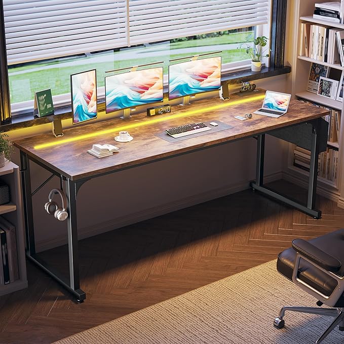 71 Inch Computer Desk with LED Lights Office Desk for Home Office Study Desk Writing Table with Storage Bag Headphone Hook Rustic Brown