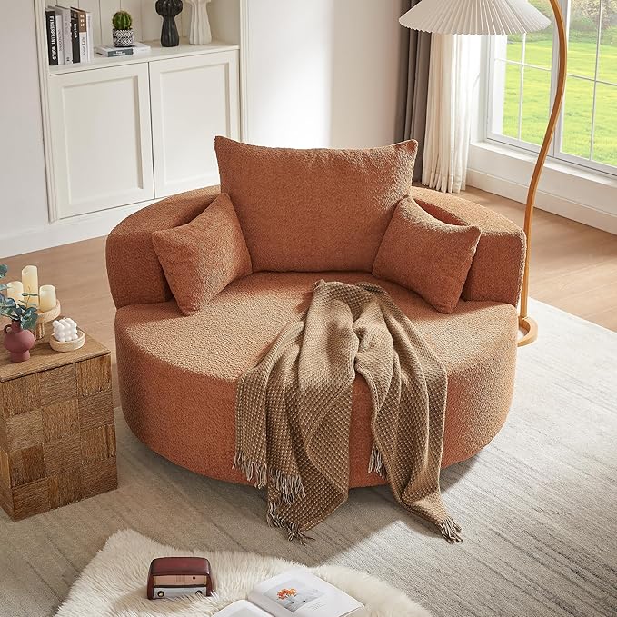 Oversized Round Swivel Chaise Modern 360°Swivel Barrel Chair with 3 Pillows Comfy Chenille Chaise Lounge Chair Indoor Single Cloud Circle Sofa for Living Room Bedroom Office (Red)