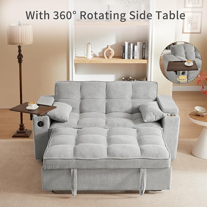 3-in-1 Convertible Sleeper Sofa Couch 65.35 Grainy Corduroy Fabric Pullout with 360° Swivel Side Table Charging Port &amp Storage Box Easy to Assemble for Living Room