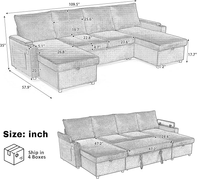 109.5 Sectional Sofa Convertible Pull-Out Sofa Bed with 2 Storage Chaise Lounges and Cup Holders Chenille Fabric U-Shaped Couch with Storage Boxes &amp USB Ports for Living Room (Green-9.19)