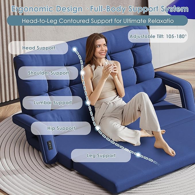 STHOUYN Comfy Bedroom Chair with 2 USB Charging Ports 5-Position Floor Couch Gaming Chairs for Adults Lounge Chair Indoor Folding Lazy Sofa Meditation Arm Dorm Chair Living Room (Navy Blue)