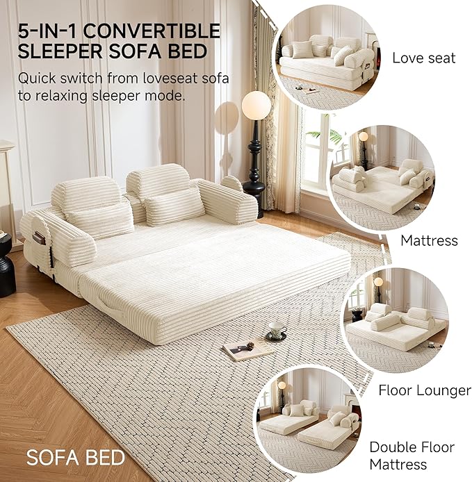 79 Sofa Bed Deep Seat 32 Sleeper Sofa 5-in-1 Convertible Sofa Bed Boneless Couch in a Box Corduroy Floor Futon with Thickened backrest and Headrest Pillows Side Pockets White