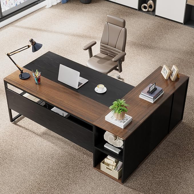 Tribesigns 71 inch Executive Desk L Shaped Desk with Cabinet Storage Executive Office Desk with Shelves Business Furniture Workstation for Home Office Black and Brown