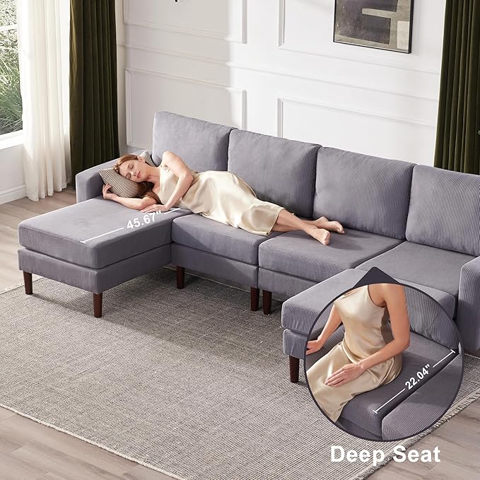 Tbfit Sectional Couch Corduroy L Shaped Sofa with Convertible Chaise &amp Ottoman Sofa Couch Solid Wood Legs for Living Room 6 Seat Grey