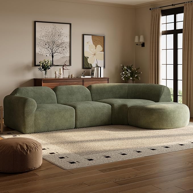 Merax Modern Curved Sectional Sofa with Ottoman Couch 4-Piece Set High-Density Compressed Sponge Fully Assembled Right Hand Facing Plush Deep Seat for Living Room Lounge Apartment Green