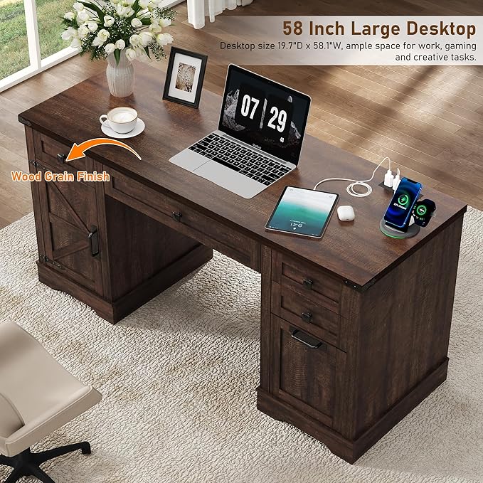 58'' Farmhouse Home Office Desk with Drawers Wooden Executive Desk with Charging Station File Drawers and Storage Cabinet Computer Desk for Work Study and Writing Brown