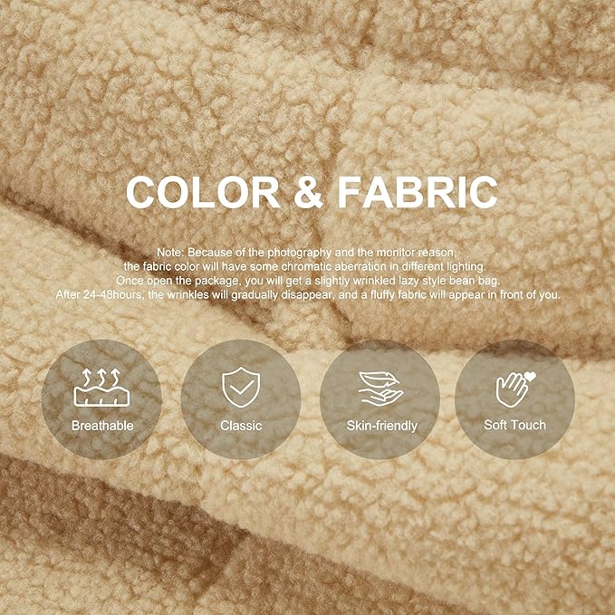 Bean Bag Chairs for Adults Giant Bean Bag Chair Memory Foam BeanBag Chair Bean Bag Sofa with Filler Faux Fur Fireside Beanbags Lazy Sofa for Living Room Bedroom Office (Khaki Teddy Single)