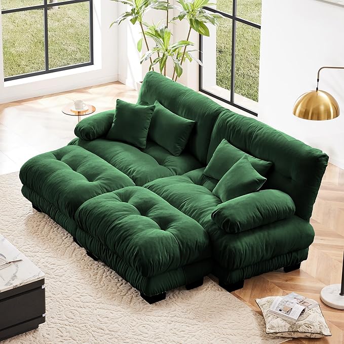 Oversized Modular Velvet Sectional Cloud Sofa Couch with Movable OttomanCorner Sofa with Comfortable Armrests Deep Seat Convertible L or U Shaped Couch (Dark Green 2 Seat +2 Ottoman)