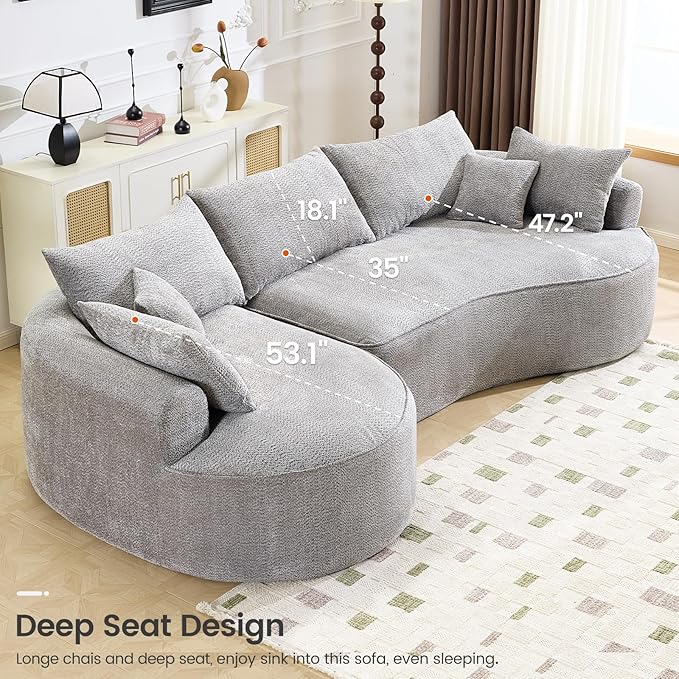 126” Oversized Curved Sectional Sofa L Shaped Chenille Boneless Couch with Deep Seat &amp 7 Pillows for Living Room Bedroom No Assembly Required (Grey)