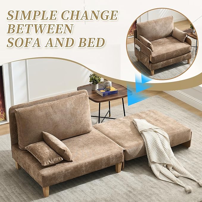 GDFStudio Foldable Sofa Bed Recliner 3-in-1 Convertible Sleeper Sofa with Pillows Mid Century Modern Chenille Upholstery for Small Spaces Bedroom Study Room Guest Room Light Brown