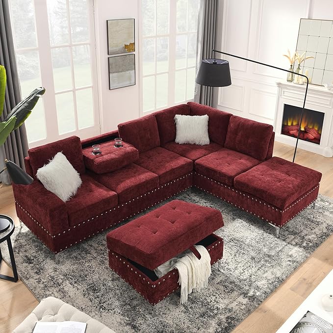 Living Room Furniture Sets L-Shape Sectional 5-Seater Sofa with Extra Wide Reversible Chaise Storage Ottoman and Cup Holders and Copper Nails 2 Pillows Claret