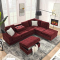 Living Room Furniture Sets L-Shape Sectional 5-Seater Sofa with Extra Wide Reversible Chaise Storage Ottoman and Cup Holders and Copper Nails 2 Pillows Claret