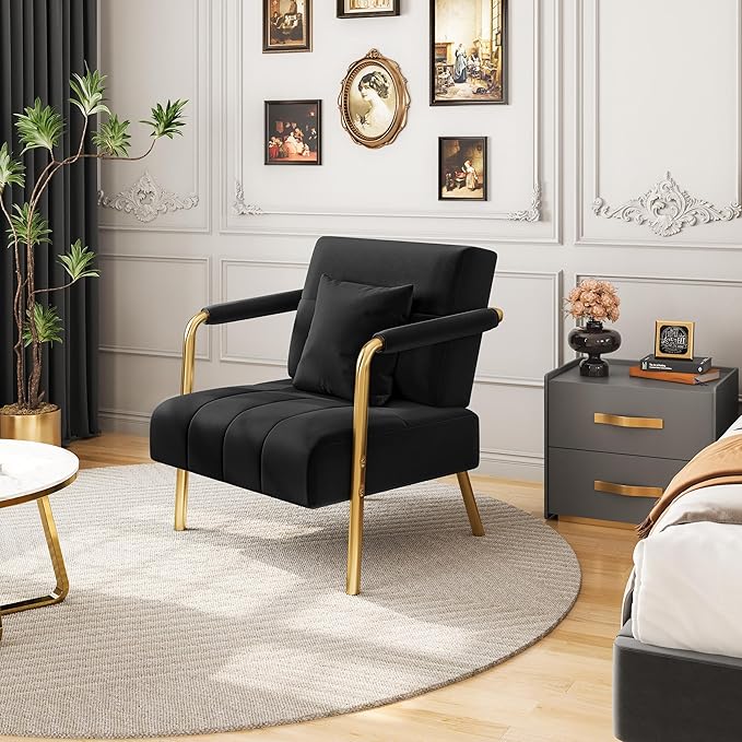 Yaheetech 30 W Modern Sofa Small Sofa Luxurious Velvet Fabric Couch with Gold-Tone Metal Arms and Legs for Living Room Home Office Studio Black
