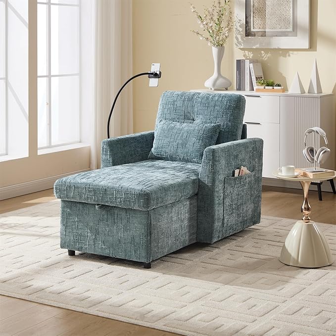 Multifunctional Recliner Sofa Chair with Storage Phone Holder &amp Adjustable Backrest Chenille Fabric Single Leisure Chair for Living Room Bedroom Small Spaces (Lake Blue)