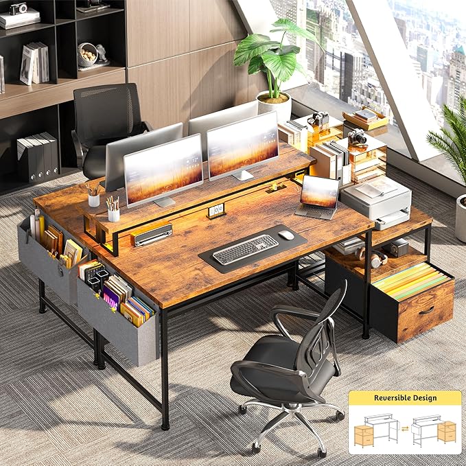 Computer Desk with Monitor StandOffice Desk with LED Lights &ampPower OutletsGaming Desk with Drawers &amp Printer ShelfWriting Table with Side Storage Bag57 W x 20 D x 36 HRustic Brown
