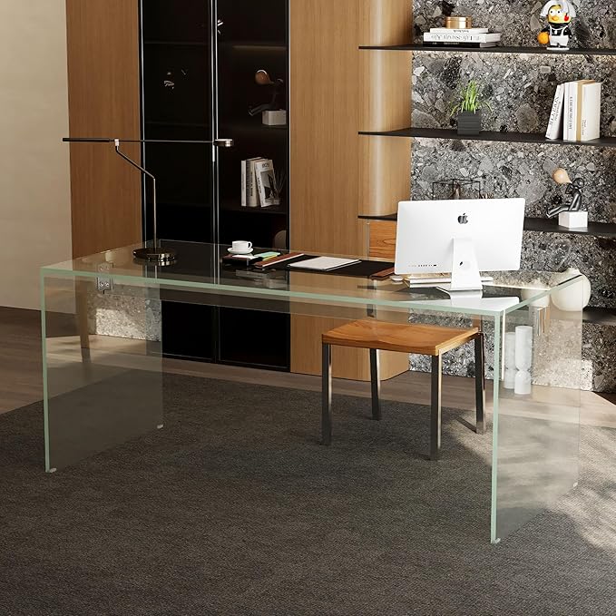53.14 Modern Tempered Glass Executive Desk with Drawer Black Wood Finish and Tempered Glass Legs – Minimalist Stylish Workstation Table for Home Office (Transparent Glass Desk)