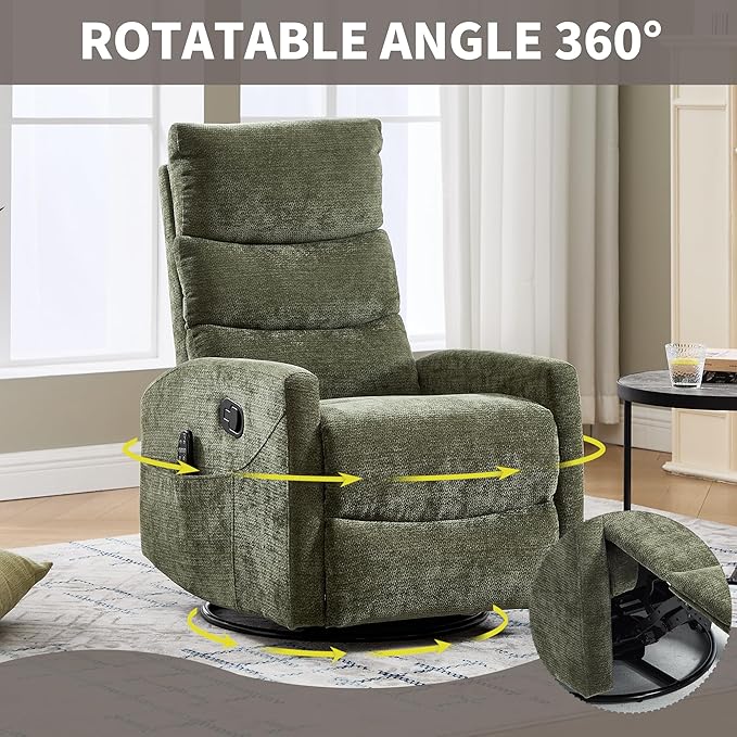 PELUMY 360° Swivel Rocker Recliner with Heat &amp Vibration Massage Glider Rocking Chair for Adults Compact Recliner for Living Room Small Spaces Nursery Bedroom (Chenille Green)