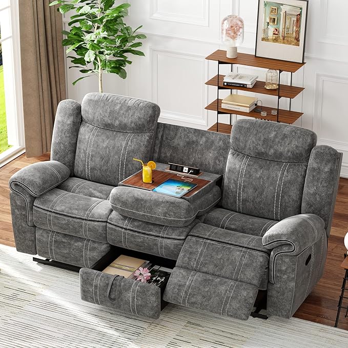 Acme Furniture Zubaida 41 x 87 Modern Velvet Reclining Sofa with USB Dock 1 Storage Drawer Tight Back &amp Seat Cushion in 2-Tone Gray Finish