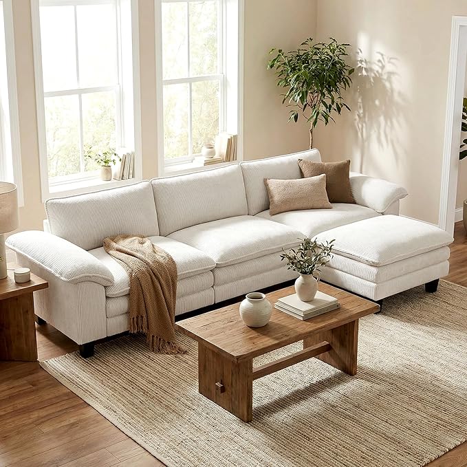 HOMCOM Modular Sectional Sofa Couch 124 Oversized L Shape Sectional Cloud Couch with Deep Seat Movable Ottoman and Pillow-top Armrests for Living Room Bedroom and Apartment Beige | Deep seat