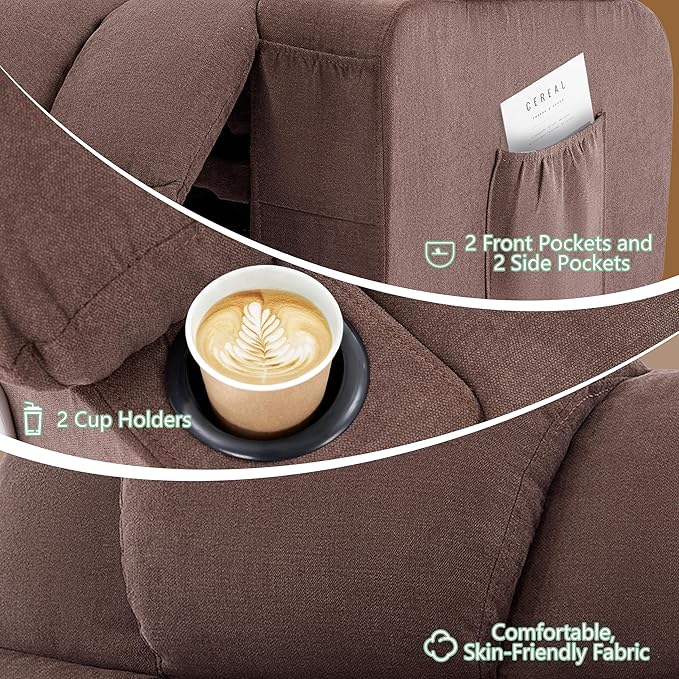 Manual Recliner Chair Rocker Recliner with Vibration Massage &amp Heat Ergonomic Reclining Fabric Living Room Chairs for Bedroom Nursery Single Sofa with 4 Pockets 2 Cup Holders Brown