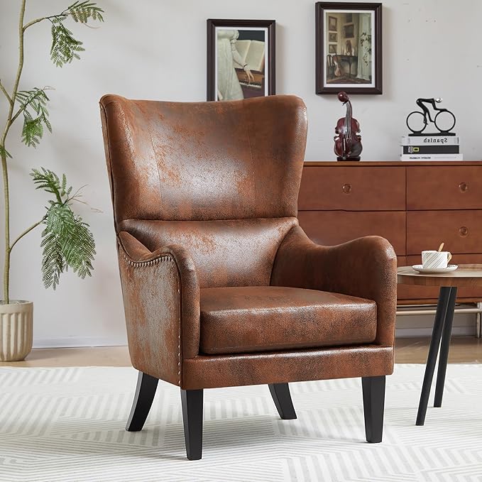 Mid-Century Modern Accent Chairs 27 Wide Wingback Club Chair with Nailhead Trim Fabric Reading Living Room Side Chair Faux Leather Armchair Sofa