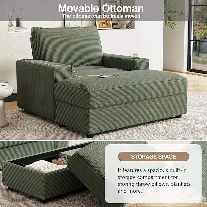 42.8 Oversized Chaise Lounge Chair with Storage Ottoman Corduroy Sofa Bed with Cup Holders &amp USB Charging Port Upholstered Sleeper Chair for Living Room Bedroom Green
