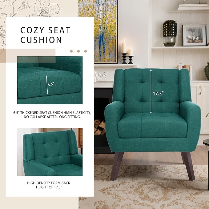 Accent Chairs Set of 2 Mid-Century Modern Upholstered Armchair Comfy Fabric Living Room Chairs Reading Chairs with Button Tufted Back &amp Solid Wood Legs for Bedroom Office Light Blue