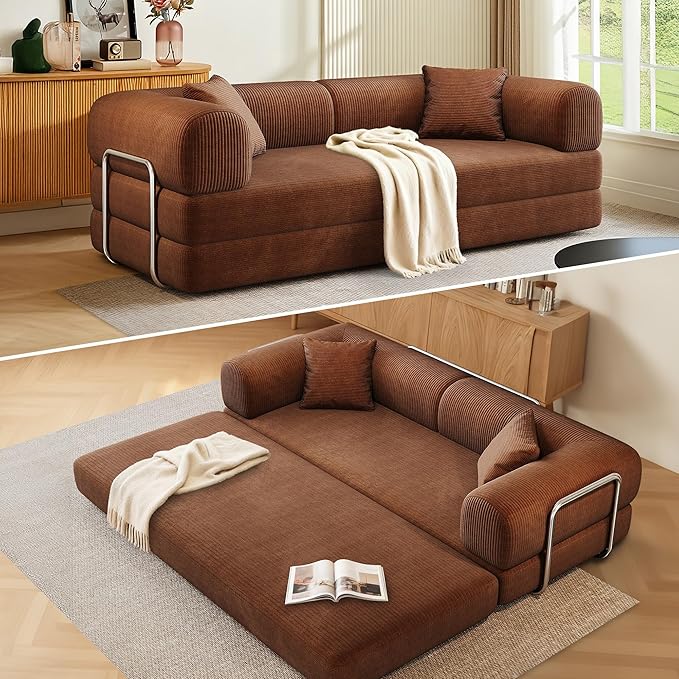 78.5'' Convertible Folding Sofa Bed – 4-in-1 Modular Floor Couch Corduroy Small Cloud Couch Compressed Foldable Sleeper Sofa King Size Futon for Bedroom Guest Room (Brown-02)
