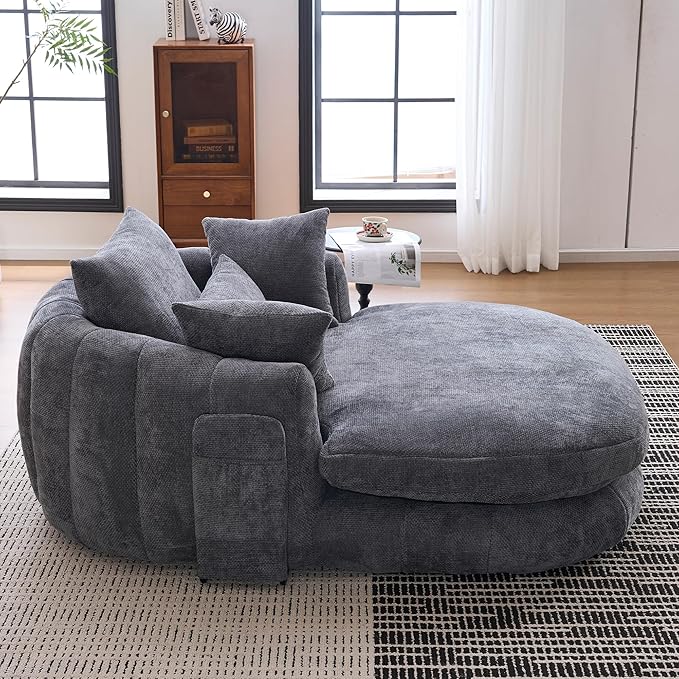 Oversized Chaise Lounge Indoor Deep Seat Boneless Sofa Bed with Throw Pillows Plush Chenille Fabric No Assembly Required Comfy Sleeper Sofa for Living Room Bedroom (Grey with Pocket)