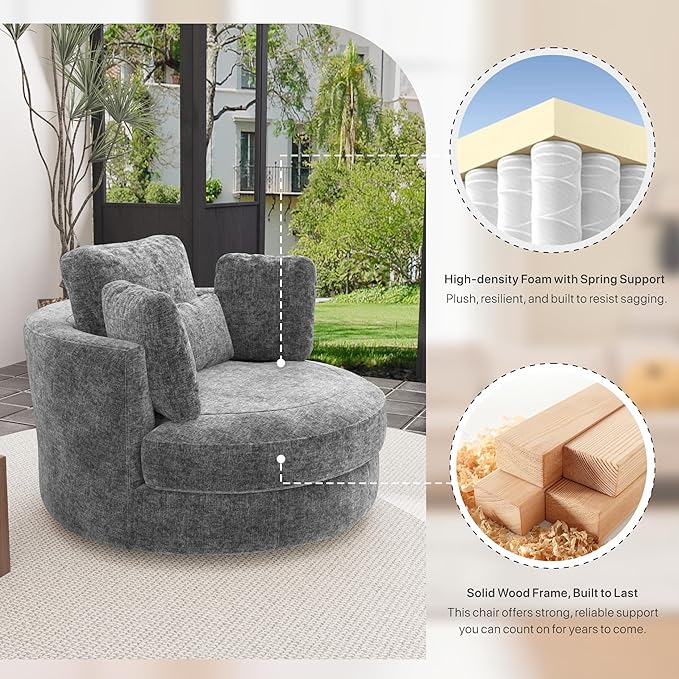 49.6''W Swivel Accent Barrel Chair Oversized Chenille Upholstered Round Single Couch Sofa with 4 Pillows for Living Room Apartment Bedroom (Gray).