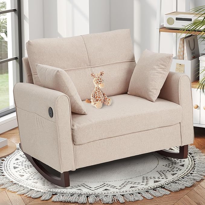 HOMREST Rocking Chair Upholstered Nursery Rocking Chair with High Back and Side Pocket USB Port Double Wide Rocker Glider Chairs with Wood Legs for Living Room Bedroom Nursery Beige