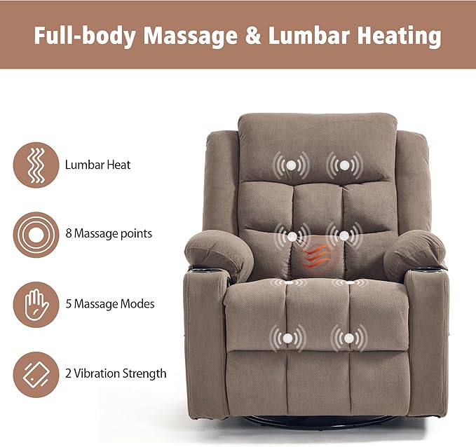 Swivel Rocker Recliner Chair for Adults with Massage and Heat Cup Holders and Side Pockets Glider Rocking Reclining Single Sofa Chair for Living Room (Coffee)