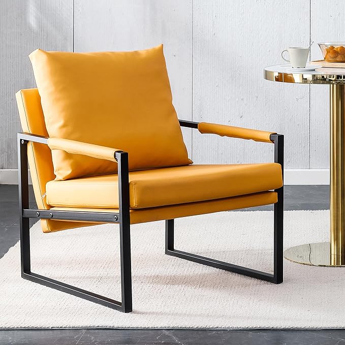 PU Leather Accent Arm Chair Mid Century Upholstered Armchair with Metal Frame Extra-Thick Padded Backrest and Seat Cushion Sofa Chairs for Living Room (Orange PU Leather + Metal Frame + Foam) SF-008