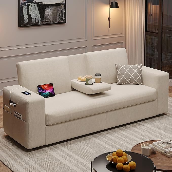 Maupvit 75” Loveseat Sofa with 2 Drawers USB &amp Type-C Charging Port Comfortable Linen Living Room Couch with Small Table Board Upholstered Small Settee Fits Bedroom OfficeBeige