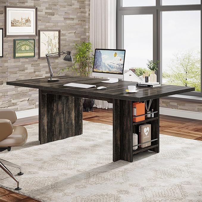 Tribesigns 62.99-Inch Computer Desk Modern Executive Office Desk Large Long Writing Table with Storage Shelves for Office Study Room (Black)