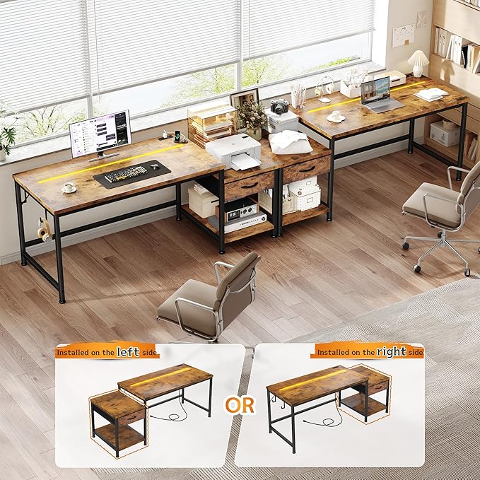 56 Inch Computer DeskReversible Office Desk with LED Lights &amp Power OutletsWriting Desk with Wide Tabletop for StudyWritingDesk with Drawers &amp Printer Shelf for StorageCraftRustic Brown