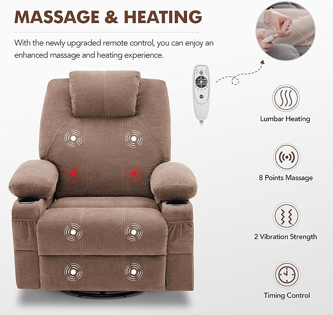 Swivel Rocker Recliner Chair with Heat and Massage 360 Degree Swivel Rocking Single Sofa with Cup Holders and USB Port Big Oversized Recliner Chair for Living Room (Fabric Brown)