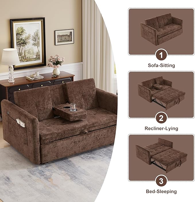 57.48 Convertible Sofa Bed with Cup Holder Pull Out Sleeper Sofa Bed with USB Charging Ports 3 in 1 Convertible Sleeper Sofa Bed for Living Room Apartment Bedroom RV Brown