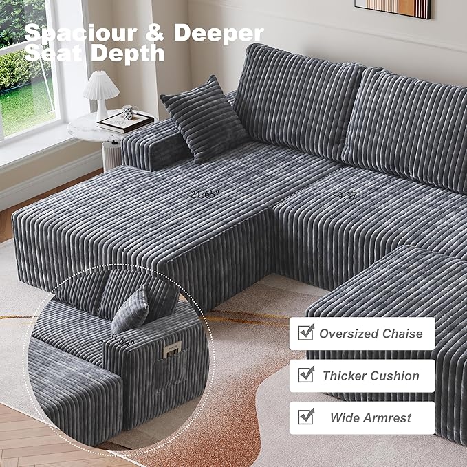 Modular Sectional Sofa 3-Seat L-Shaped Cloud Couch with Memory Foam Oversized Chaise for Living Room Breathable Fabric &amp Removable Cover