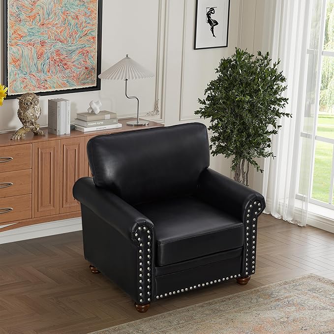 Harper &amp Bright Designs Sofa Chair Single Seat Chair with Wood Leg Nails Decoration Faux Leather Armchair for Living Room Bedroom Small Space (Black)