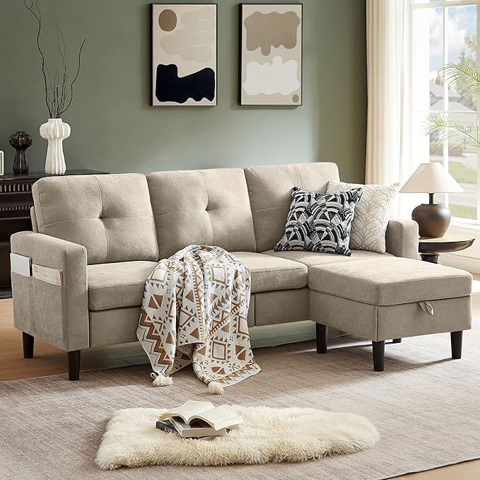 79 Convertible Sectional Sofa Small L Shaped 3 Seat Couch with Storage Chaise and Side Pocket Modern Linen Fabric Reversible Sofa Couches for Living Room Apartment and Small Space
