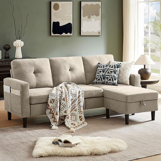 79 Convertible Sectional Sofa Small L Shaped 3 Seat Couch with Storage Chaise and Side Pocket Modern Linen Fabric Reversible Sofa Couches for Living Room Apartment and Small Space