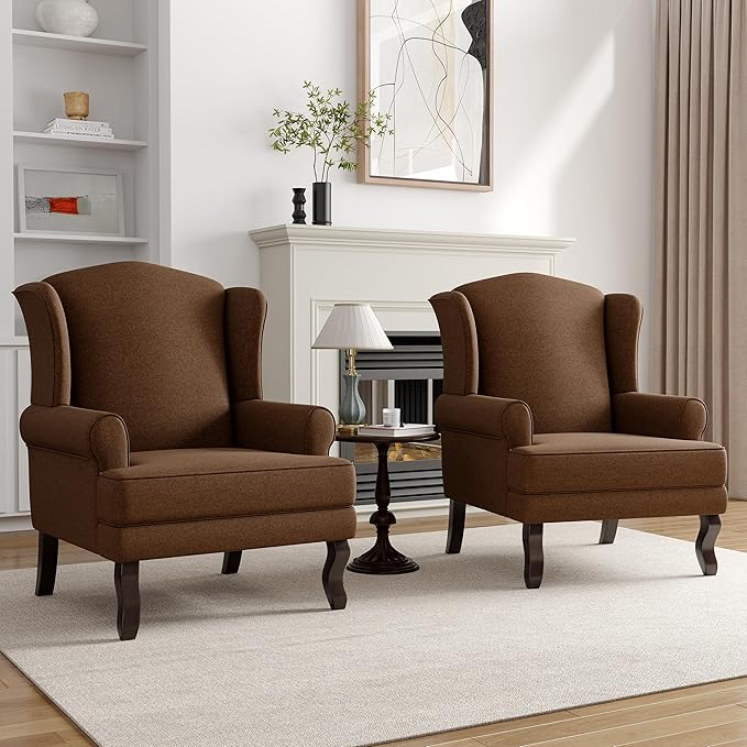 High Back Accent Chairs Set of 2 Upholstered Fabric Armchair for Living Room Mid Century Modern Club Accent Chair with Curved Armrests and Solid Legs Single Sofa Reading Chair for Bedroom Brown