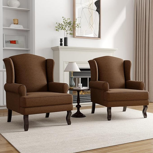 High Back Accent Chairs Set of 2 Upholstered Fabric Armchair for Living Room Mid Century Modern Club Accent Chair with Curved Armrests and Solid Legs Single Sofa Reading Chair for Bedroom Brown