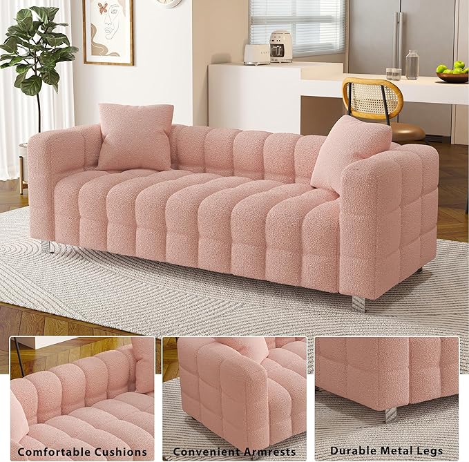 87.4'' Modern 3-Seater Sofa Bubble Couch with 2 Pillows for Living RoomTeddy Bouclé Velvet Deep Seat Sofa Couch Fluffy Loveseat Sofa with 6 Metal Base Legs for Bedroom/Home/Office(Pink)