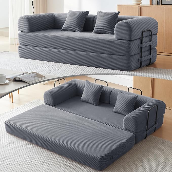 Sofa Bed Corduroy Sleeper Sofa Bed with Fixed Frame Floor Sofa Lounge with Pillow Convertible Folding Mattress Couch for Living Room Bedroom Lounge Studio (Dark Grey)
